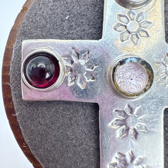 Sterling Silver 925 Multi-Gemstone Flower Design Cross Pendant Size 2.5" Length - Picture 6 of 11
